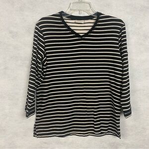 Vtg White Stag Shirt Womens Medium Black White Stripe 3/4 Sleeve V Neck Casual